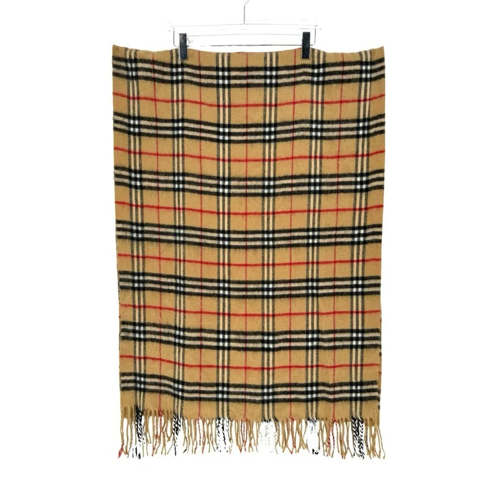 Burberry XL Cashmere Fringe Wrap Scarf Classic Tan Nova Check Plaid - Picture 6 of 7